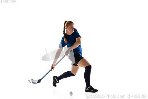 Image of Floorball female player isolated on white studio background, action and motion concept