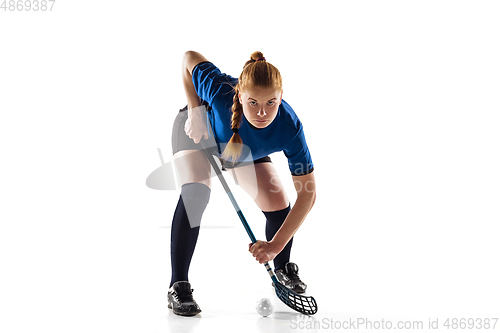 Image of Floorball female player isolated on white studio background, action and motion concept