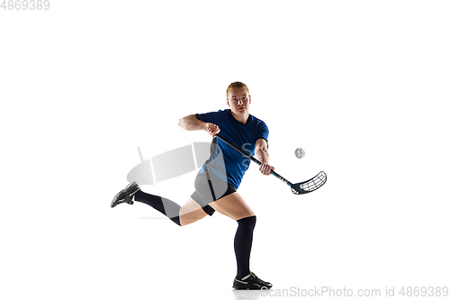 Image of Floorball female player isolated on white studio background, action and motion concept