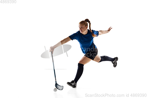 Image of Floorball female player isolated on white studio background, action and motion concept