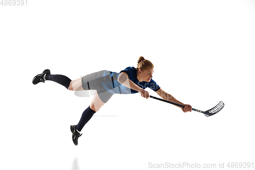 Image of Floorball female player isolated on white studio background, action and motion concept