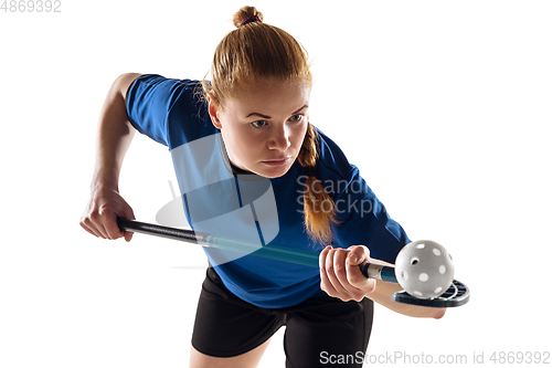 Image of Floorball female player isolated on white studio background, action and motion concept