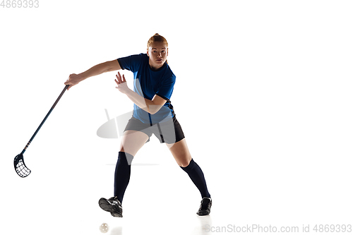 Image of Floorball female player isolated on white studio background, action and motion concept