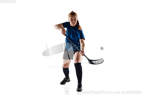 Image of Floorball female player isolated on white studio background, action and motion concept