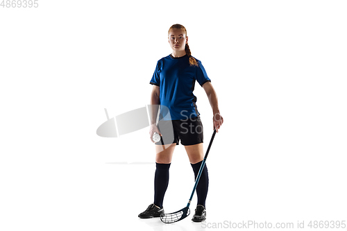 Image of Floorball female player isolated on white studio background, action and motion concept