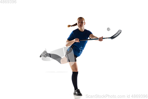 Image of Floorball female player isolated on white studio background, action and motion concept