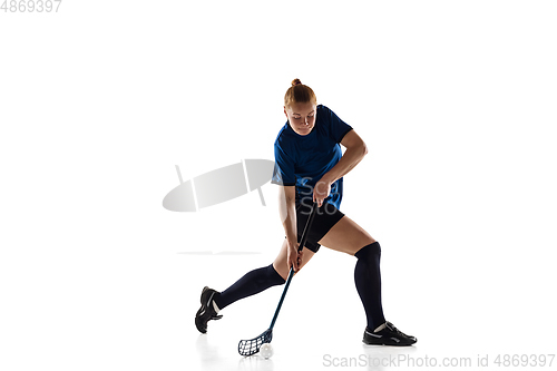 Image of Floorball female player isolated on white studio background, action and motion concept