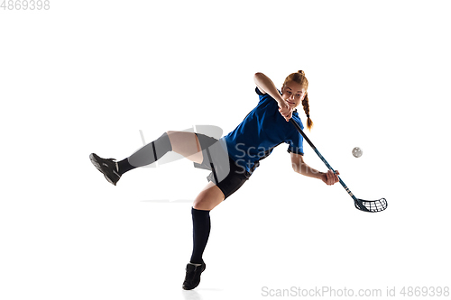 Image of Floorball female player isolated on white studio background, action and motion concept