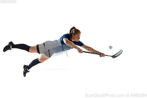 Image of Floorball female player isolated on white studio background, action and motion concept