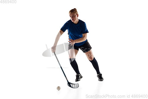 Image of Floorball female player isolated on white studio background, action and motion concept