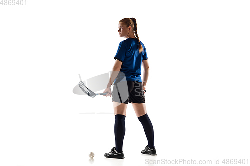 Image of Floorball female player isolated on white studio background, action and motion concept