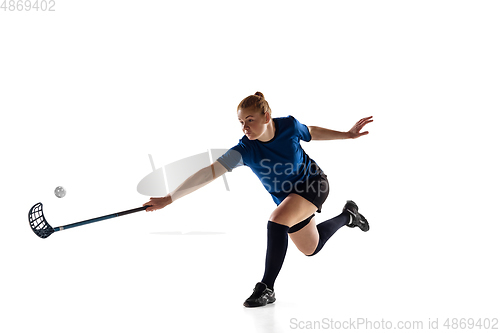 Image of Floorball female player isolated on white studio background, action and motion concept