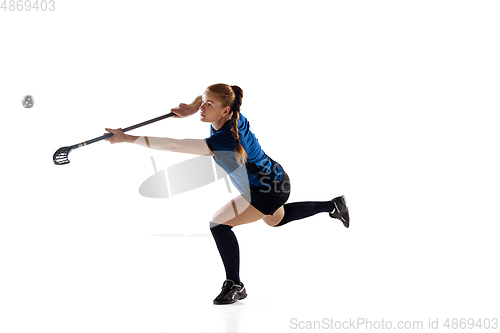 Image of Floorball female player isolated on white studio background, action and motion concept