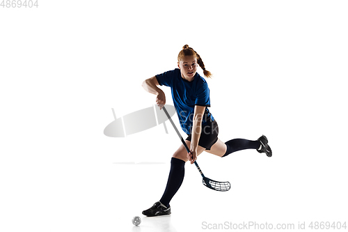 Image of Floorball female player isolated on white studio background, action and motion concept