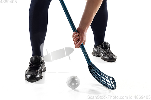 Image of Floorball female player isolated on white studio background, action and motion concept