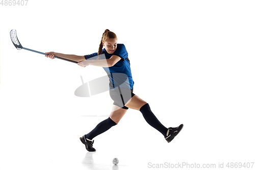 Image of Floorball female player isolated on white studio background, action and motion concept