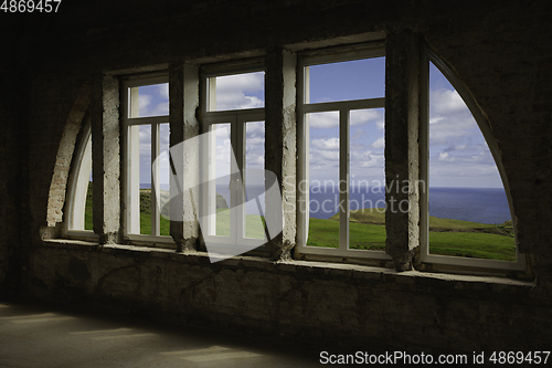 Image of Closed window and beautiful picture outside, nature view, resort and resting