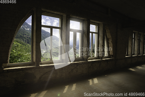 Image of Closed window and beautiful picture outside, nature view, resort and resting