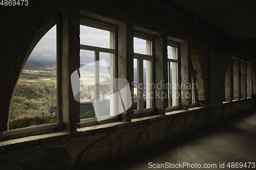 Image of Closed window and beautiful picture outside, nature view, resort and resting