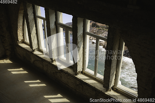 Image of Closed window and beautiful picture outside, nature view, resort and resting