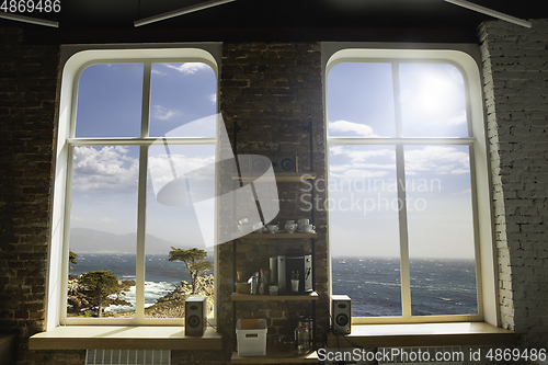 Image of Closed window and beautiful picture outside, nature view, resort and resting