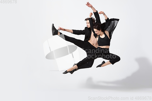 Image of Young and graceful ballet dancers in minimal black style isolated on white studio background