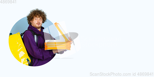 Image of Emotions of deliveryman isolated on bright bicolor background with geometric style. Flyer with copyspace.