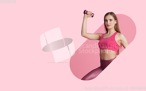 Image of Portrait of young caucasian woman on bright bicolor background with geometric style, artwork, design