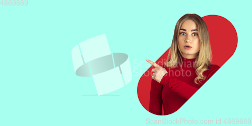 Image of Portrait of young caucasian woman on bright bicolor background with geometric style, artwork, design. Flyer with copyspace.