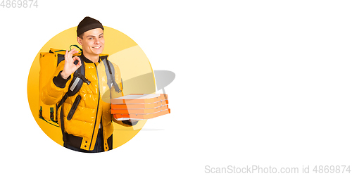 Image of Emotions of deliveryman isolated on bright bicolor background with geometric style. Flyer with copyspace.