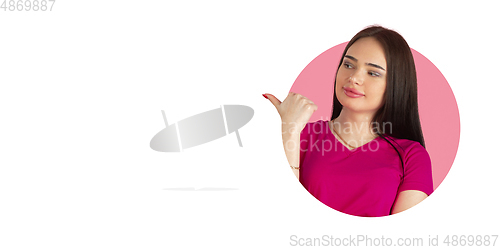Image of Portrait of young caucasian woman on bright bicolor background with geometric style, artwork, design. Flyer with copyspace.