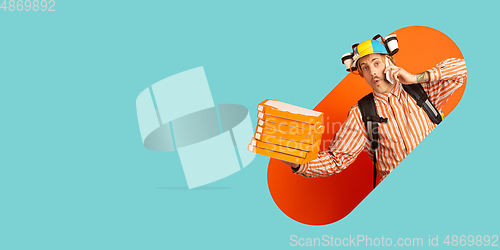 Image of Emotions of deliveryman isolated on bright bicolor background with geometric style. Flyer with copyspace.