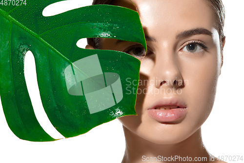 Image of Nature touch. Close up of beautiful young woman with green leaves on her face over white background. Cosmetics and makeup, natural and eco treatment, skin care