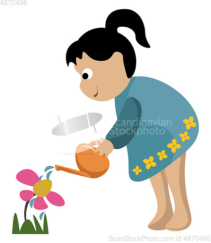 Image of Portrait of a small girl watering the flowers in the garden vect