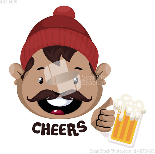 Image of Man is holding mug with beer, illustration, vector on white back