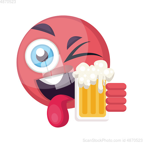 Image of Round pink happy emoji face holding a beer vector illustration o