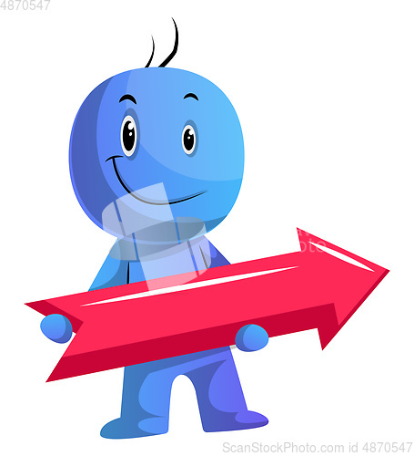 Image of Blue cartoon caracter with red direction sign illustration vecto