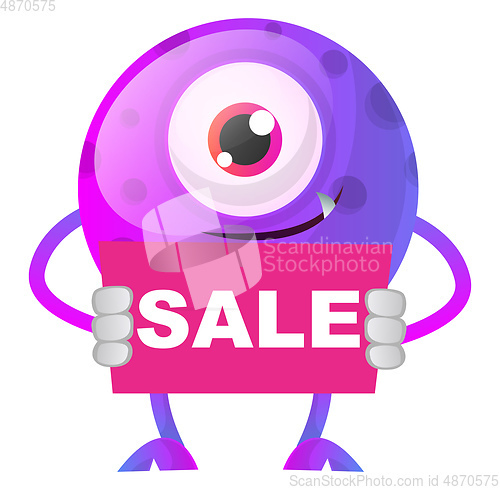 Image of Purple monster holding pink sale sign illustration vector on whi