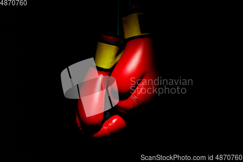 Image of Professional sport equipment isolated on black studio background. Boxers red gloves.