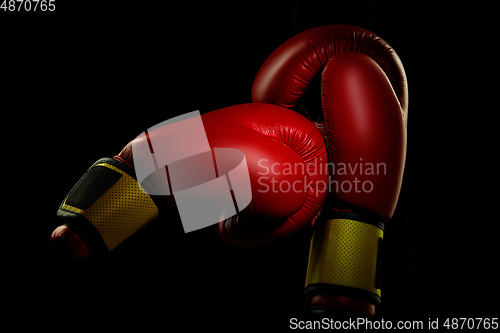 Image of Professional sport equipment isolated on black studio background. Boxers red gloves.