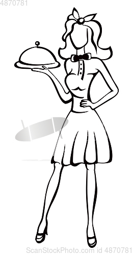 Image of A slim waitress holding a tray