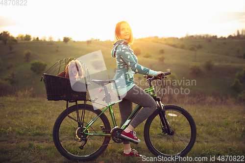 Image of Young woman having fun near countryside park, riding bike, traveling with companion spaniel dog