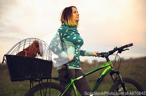 Image of Young woman having fun near countryside park, riding bike, traveling with companion spaniel dog