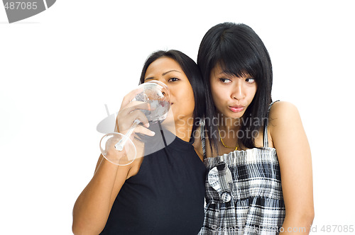 Image of two asian girls with red wine