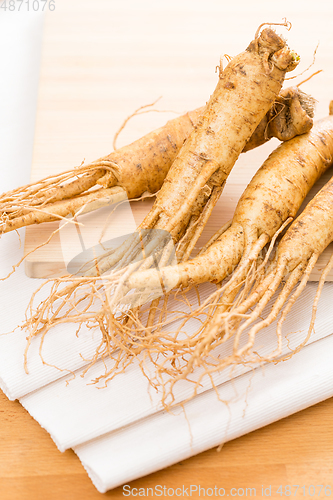 Image of Korean Fresh Ginseng over wood background