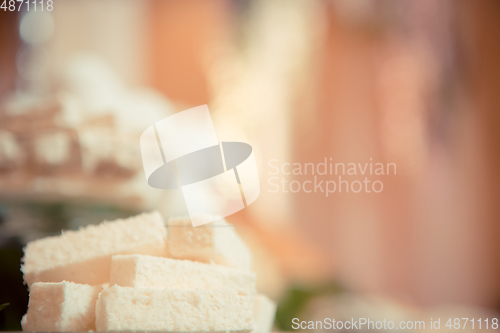 Image of sweets on the wedding table. Vintage color.