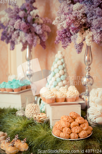 Image of sweets on the wedding table. Vintage color.
