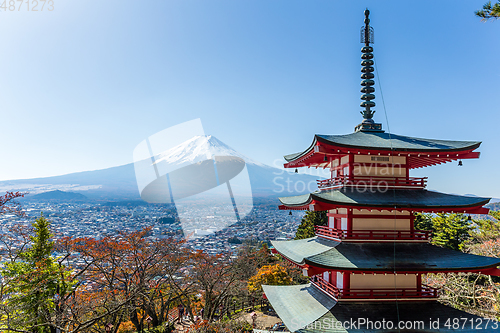 Image of Mt. Fuji viewed from behind Chureito Pagoda