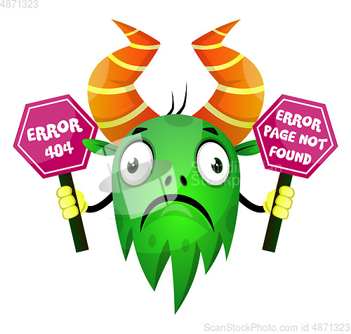 Image of Monster holding 404 error sign, illustration, vector on white ba