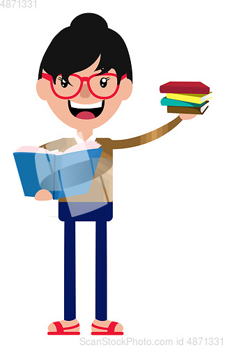 Image of Cheerful cartoon young woman holding some books illustration vec